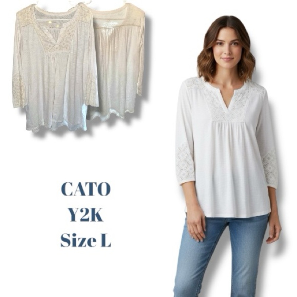 Cato Y2K Top Ivory Crochet Lace Trim 100 Cotton Scandi Girl Bohemian Boho Size L
